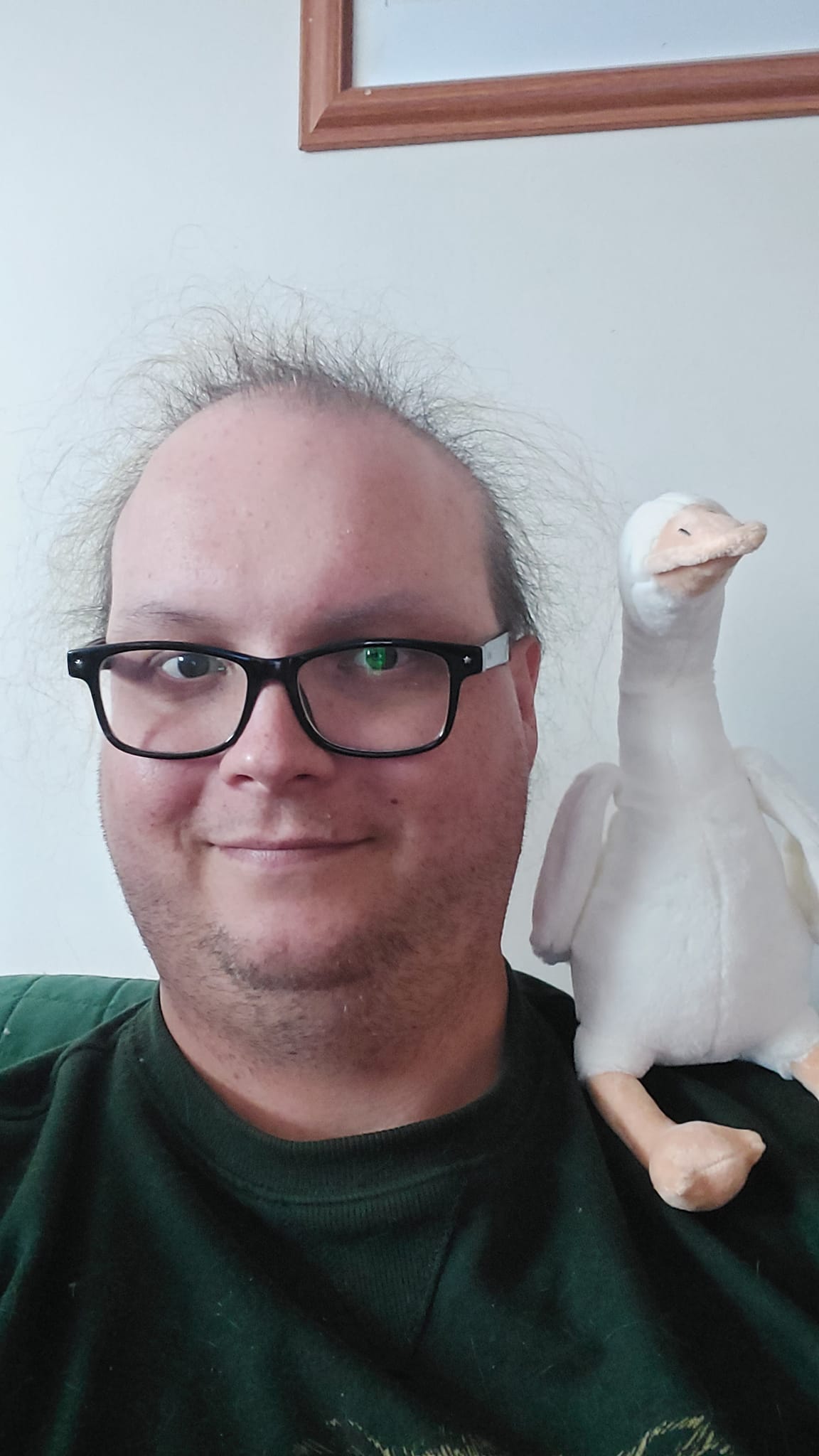 A man with thin hair is wearing a green sweater and sitting on a couch with a white goose stuffed toy on his sholder